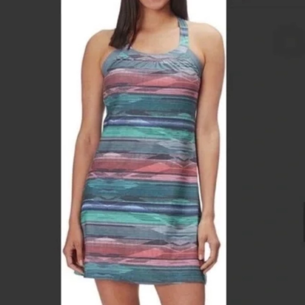 prAna Quinn Dress - Multi-Color Striped Performance Mini Earth Tones Size M